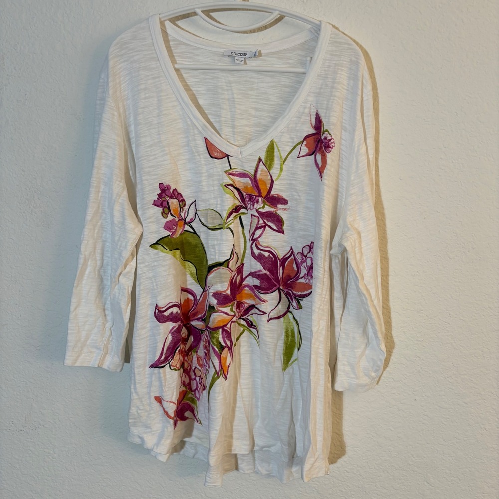 Chico's Slub Knit Floral V-Neck Top Women XXL White